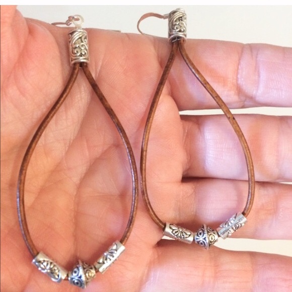 Jewelry - Leather, silver leather hoop earrings